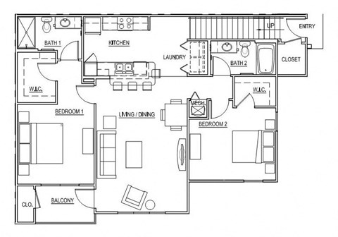 Floor plan for 2 beds, 2 baths, 1303 sqft